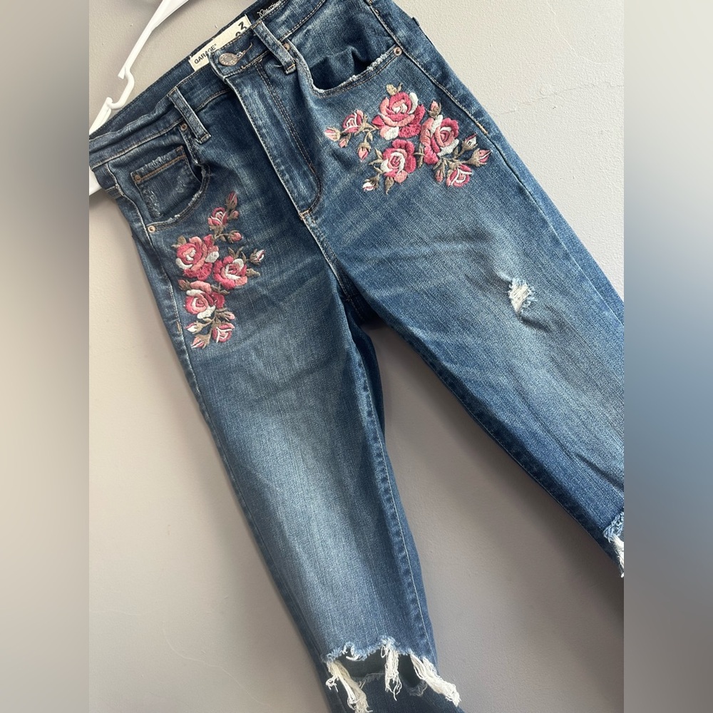 Garage Blue Jeans with Pink Floral Embroidery